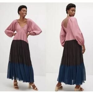 Anthropologie Nirmooha M Colorblock Maxi Dress Women Boho Long Sleeve Flowing0